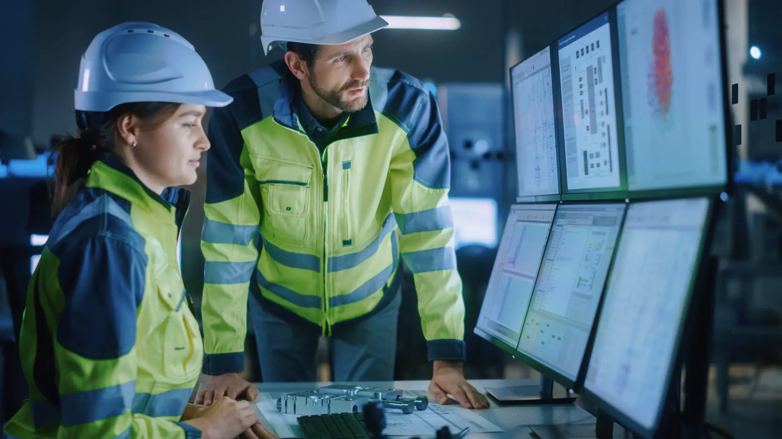 industry-40-modern-factory-project-engineer-talks-female-operator-who-controls-facility-production-line-uses-computer-with-screens-showing-ai-machine-learning-enhanced-assembly-process