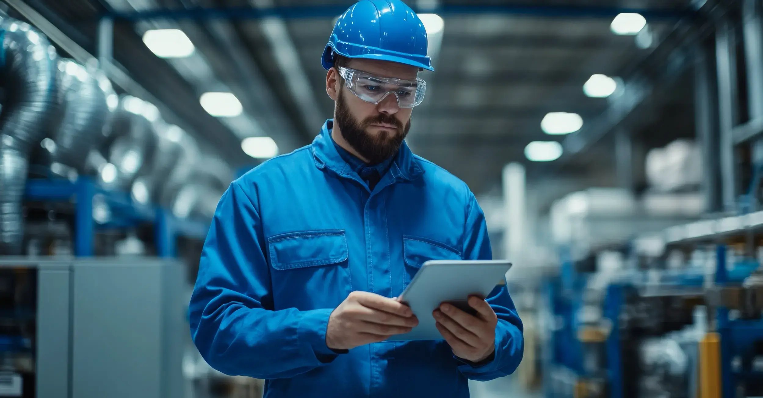 male-industrial-worker-blue-uniform-safety-gear-using-tablet-factory