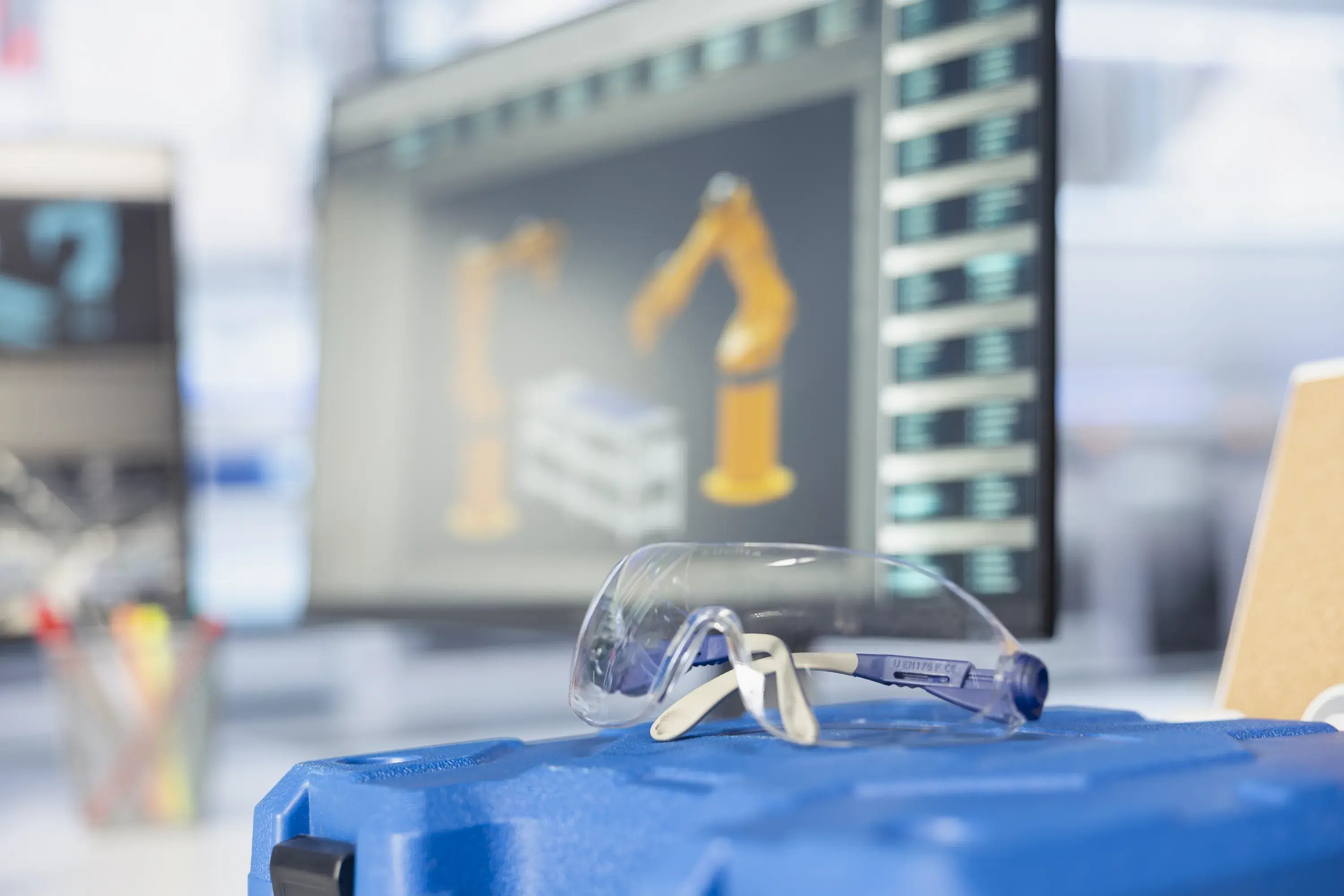 toolbox-safety-glasses-desk-photovoltaics-factory-close-up